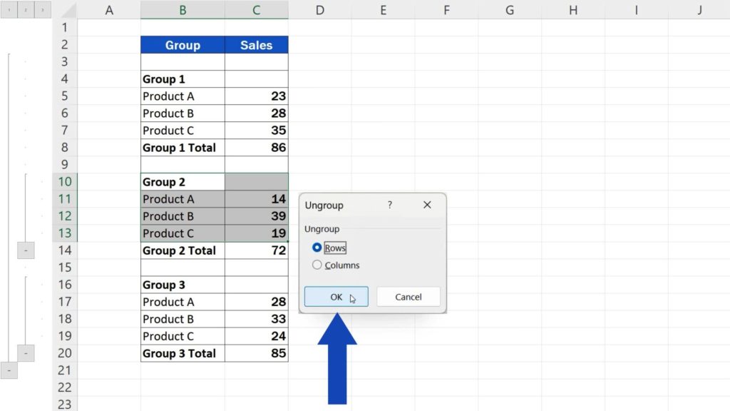 How to Group Rows in Excel - click on ungroup rows