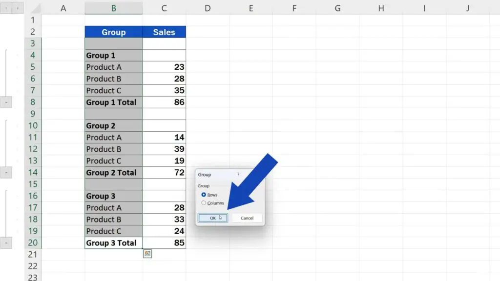 How to Group Rows in Excel - confirm OK