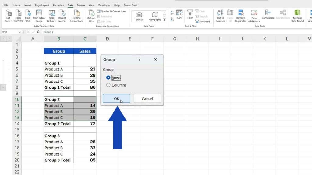 How to Group Rows in Excel - confirm with OK