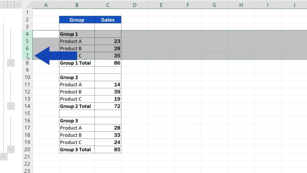 How to Group Rows in Excel - select all the rows you need to ungroup