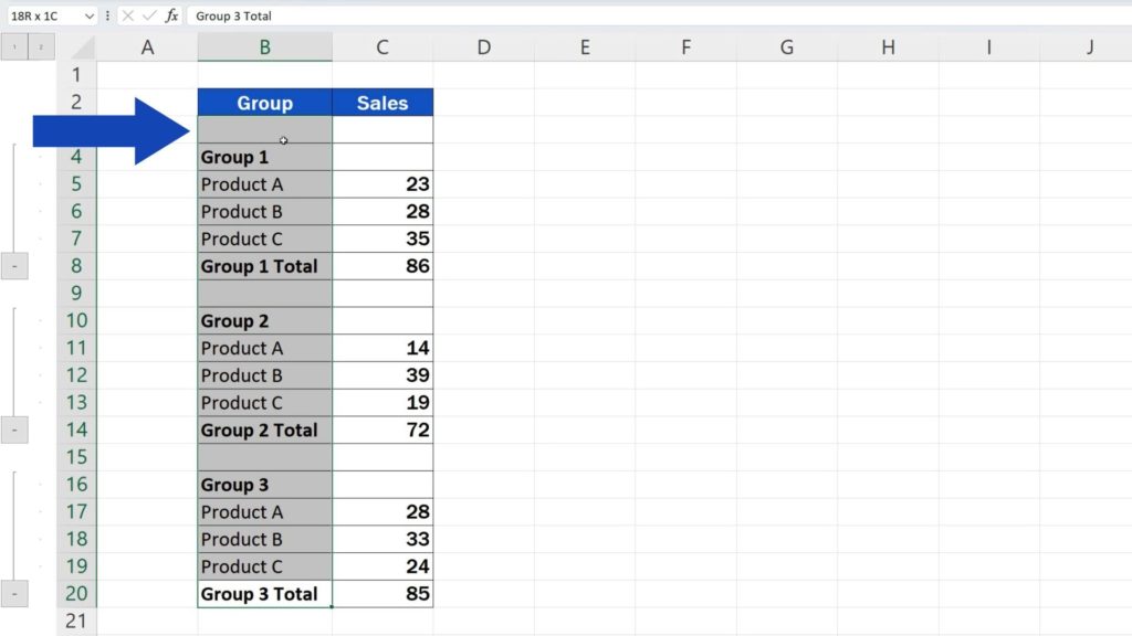 How to Group Rows in Excel - select the data in the rows you want to group