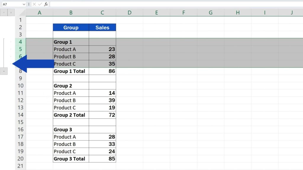 How to Group Rows in Excel - the first group of rows