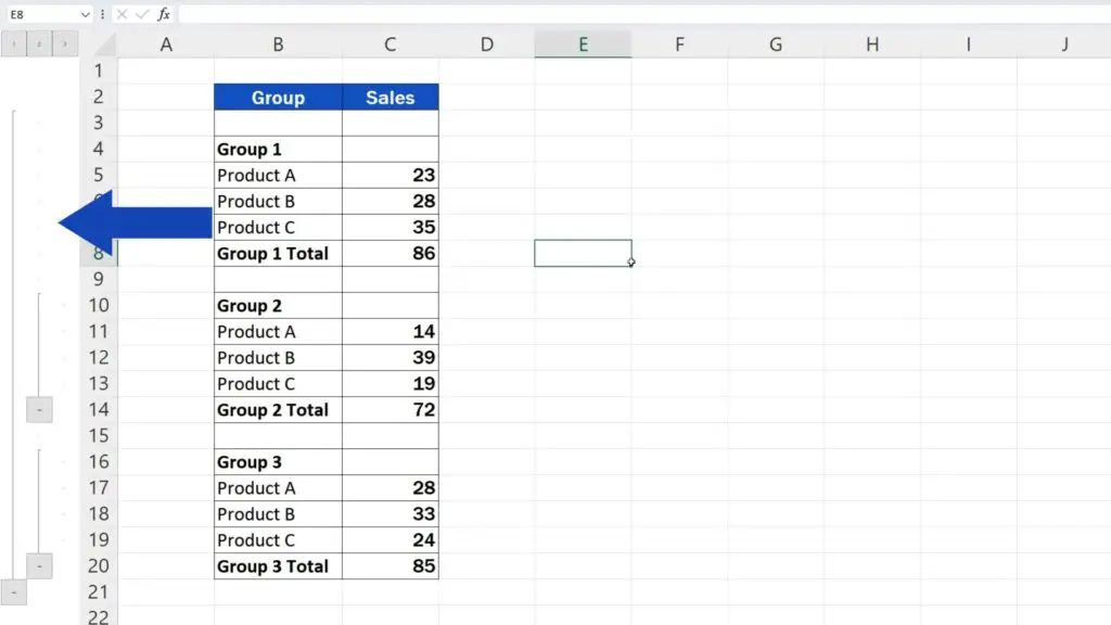 How to Group Rows in Excel - ungrouped rows 4 to 8