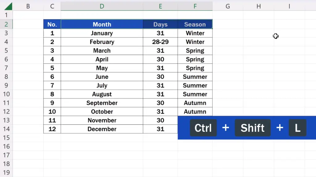 Shortcut Key for Filter in Excel - use the shortcut key Control, Shift and L