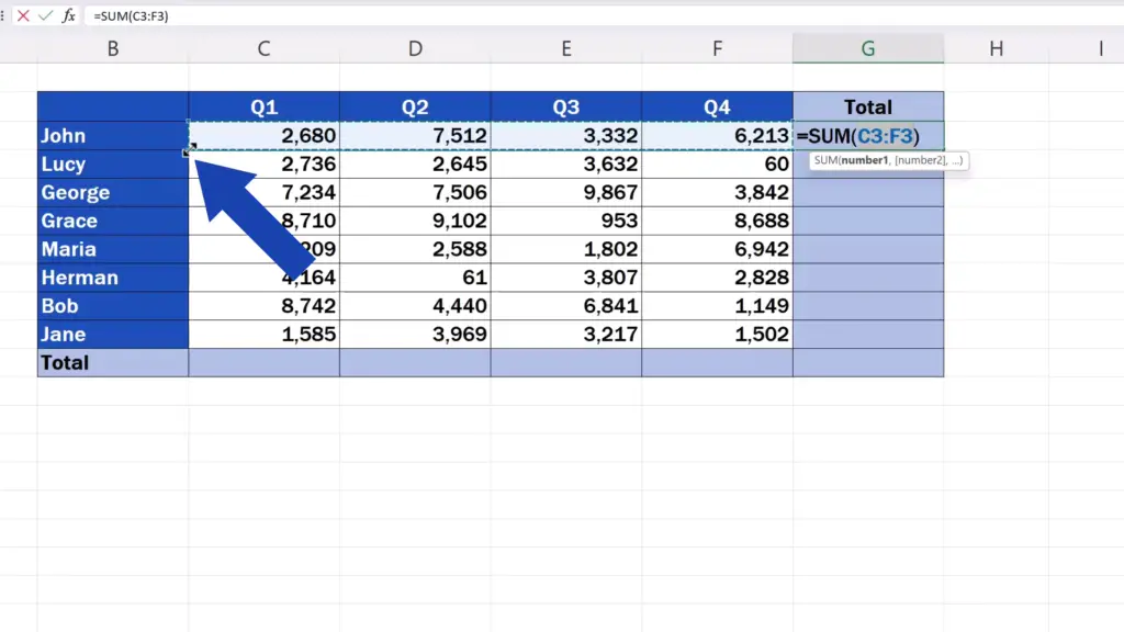 Shortcut Key for Sum in Excel - click into any corner of the area and hold the left mouse button