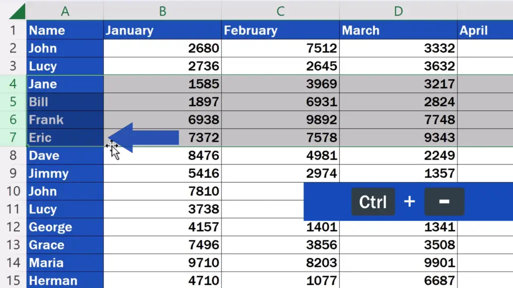 Shortcut Key to Delete Rows in Excel - All of the selected rows have been removed