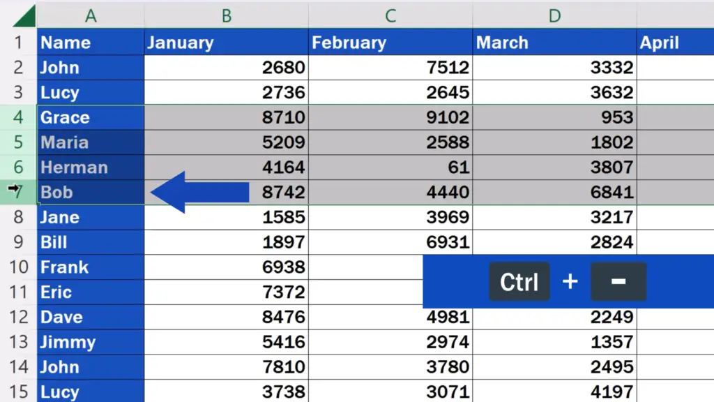 Shortcut Key to Delete Rows in Excel - select all the rows to be deleted and use the hotkey Control along with the minus sign