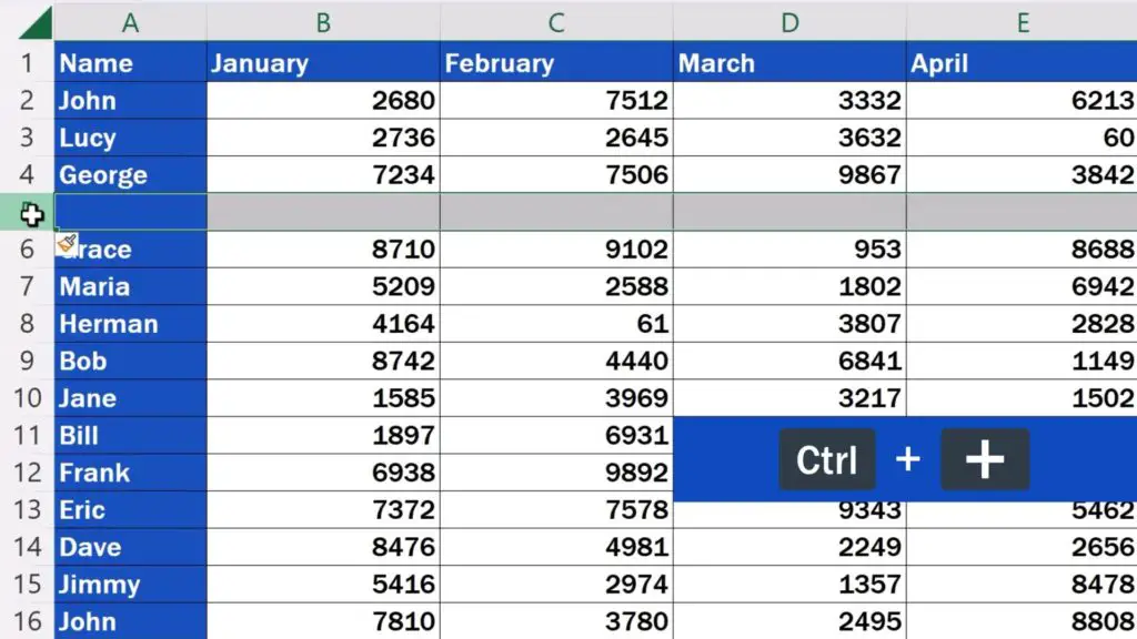 Shortcut Key to Insert Rows in Excel - The new row is in its place now