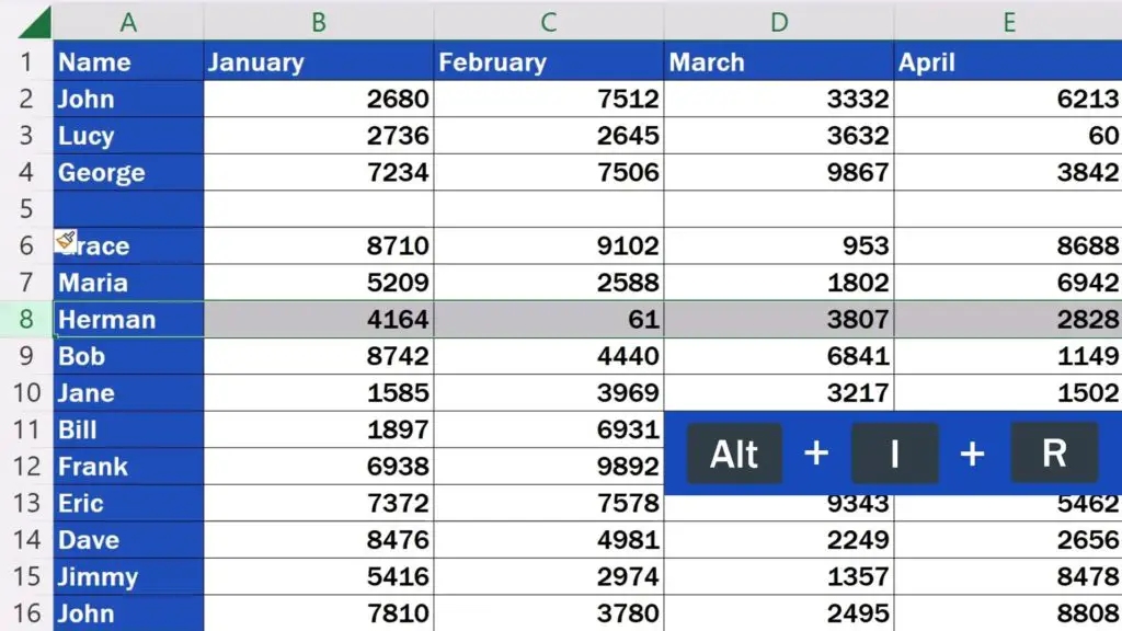 Shortcut Key to Insert Rows in Excel - hold down the Alt key and press the keys for I and R along