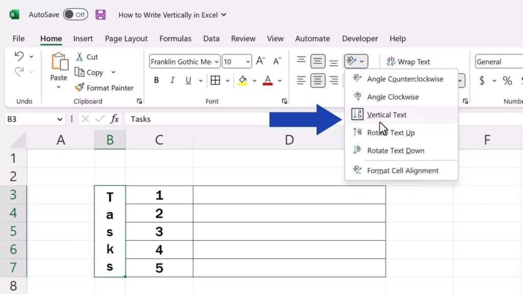 How to Write Vertically in Excel - click on the option ‘Orientation’