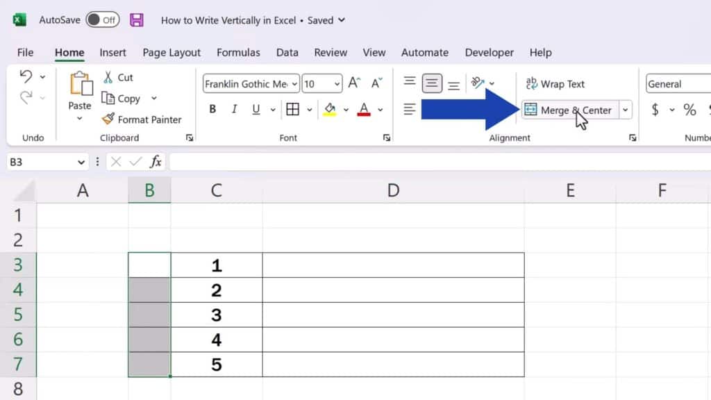 How to Write Vertically in Excel - select the option ‘Merge & Center’