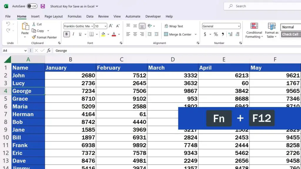 Shortcut Key for Save As in Excel - Press Function key and F12