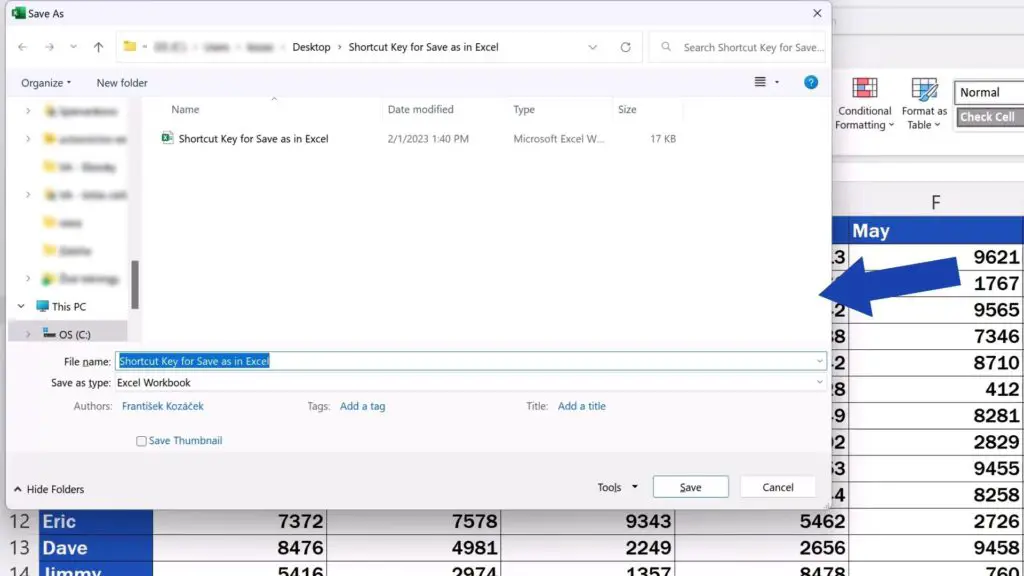 Shortcut Key for Save As in Excel - window where you can browse to select the location for the new Excel file and define its name