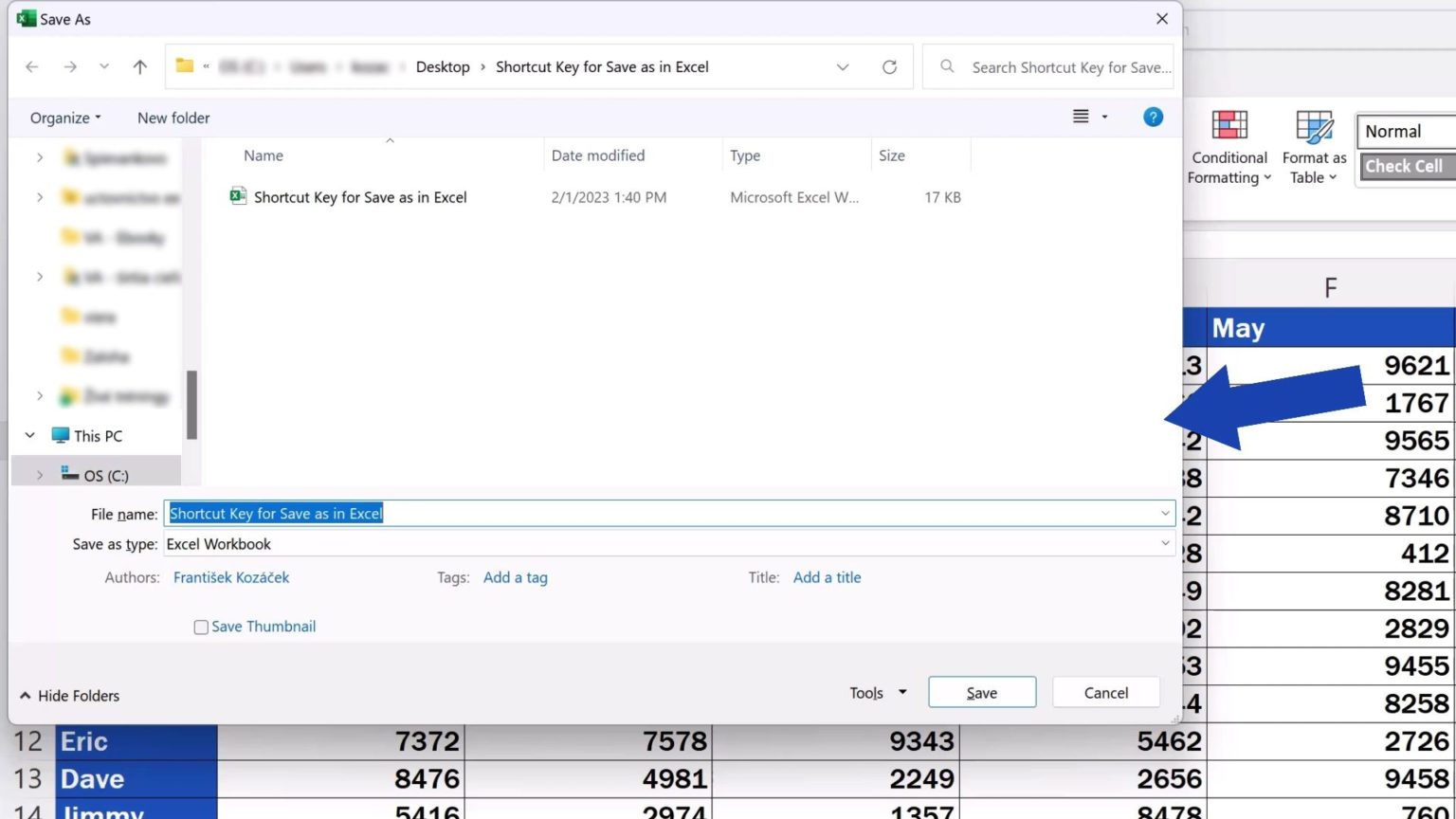 Shortcut key for save as in excel