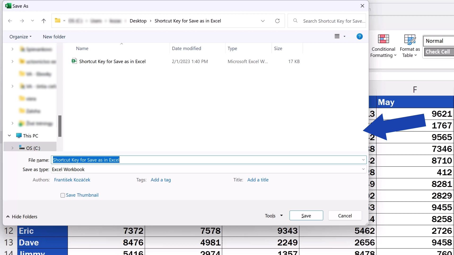 Shortcut key for save as in excel