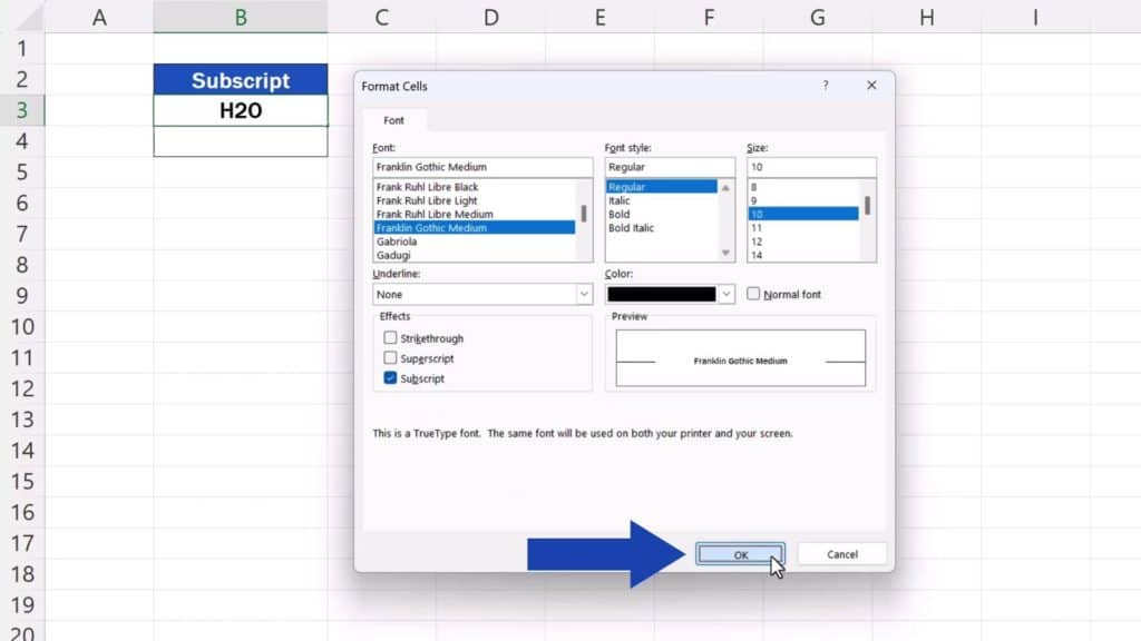 How to Add Subscript in Excel - click on OK