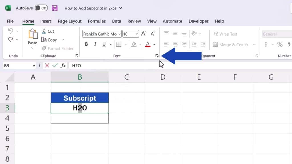 How to Add Subscript in Excel - click on the little arrow here in the corner