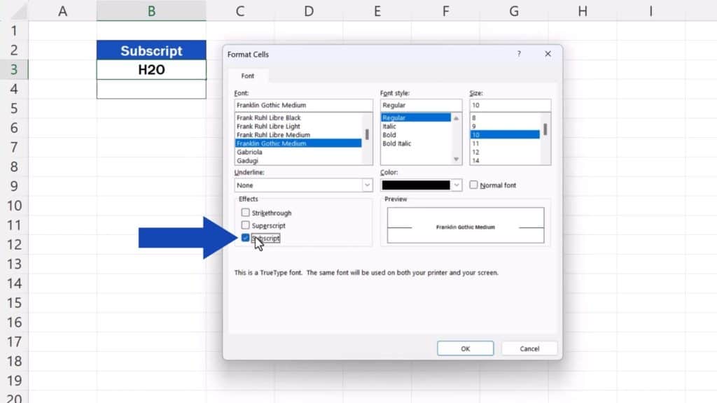 How to Add Subscript in Excel - select the option ‘Subscript’