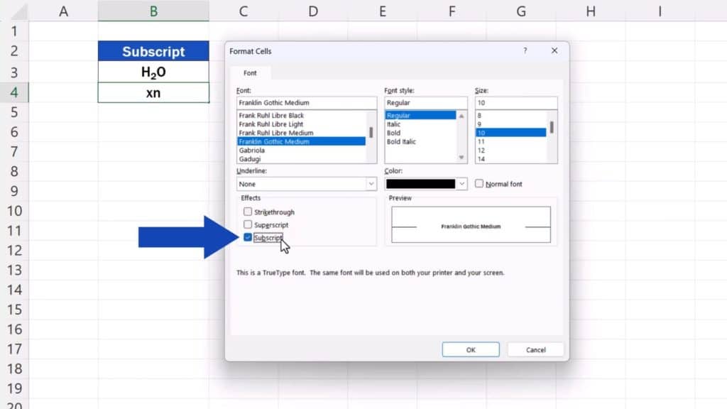 How to Add Subscript in Excel - tick the option ‘Subscript‘