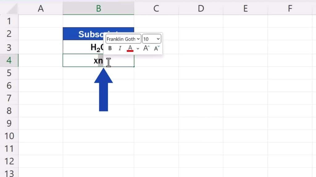 How to Add Subscript in Excel - type into a cell a text and select the bit