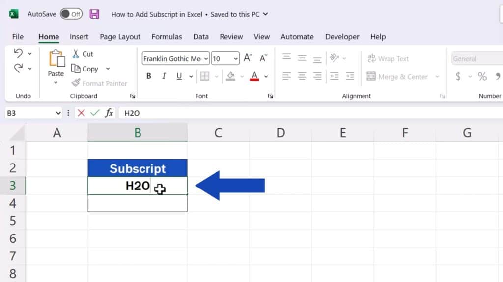 How to Add Subscript in Excel - type the whole thing out into a target cell
