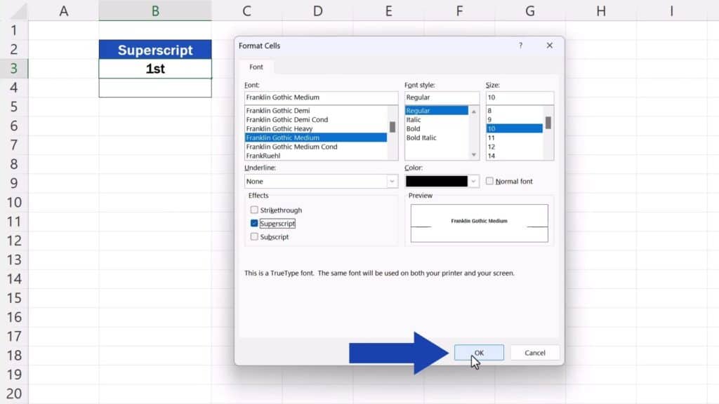 How to Add Superscript in Excel - click on OK