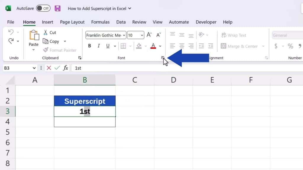 How to Add Superscript in Excel - click on the little arrow
