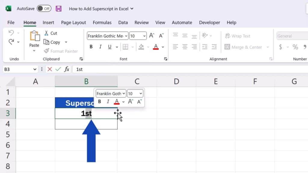 How to Add Superscript in Excel - select the bit