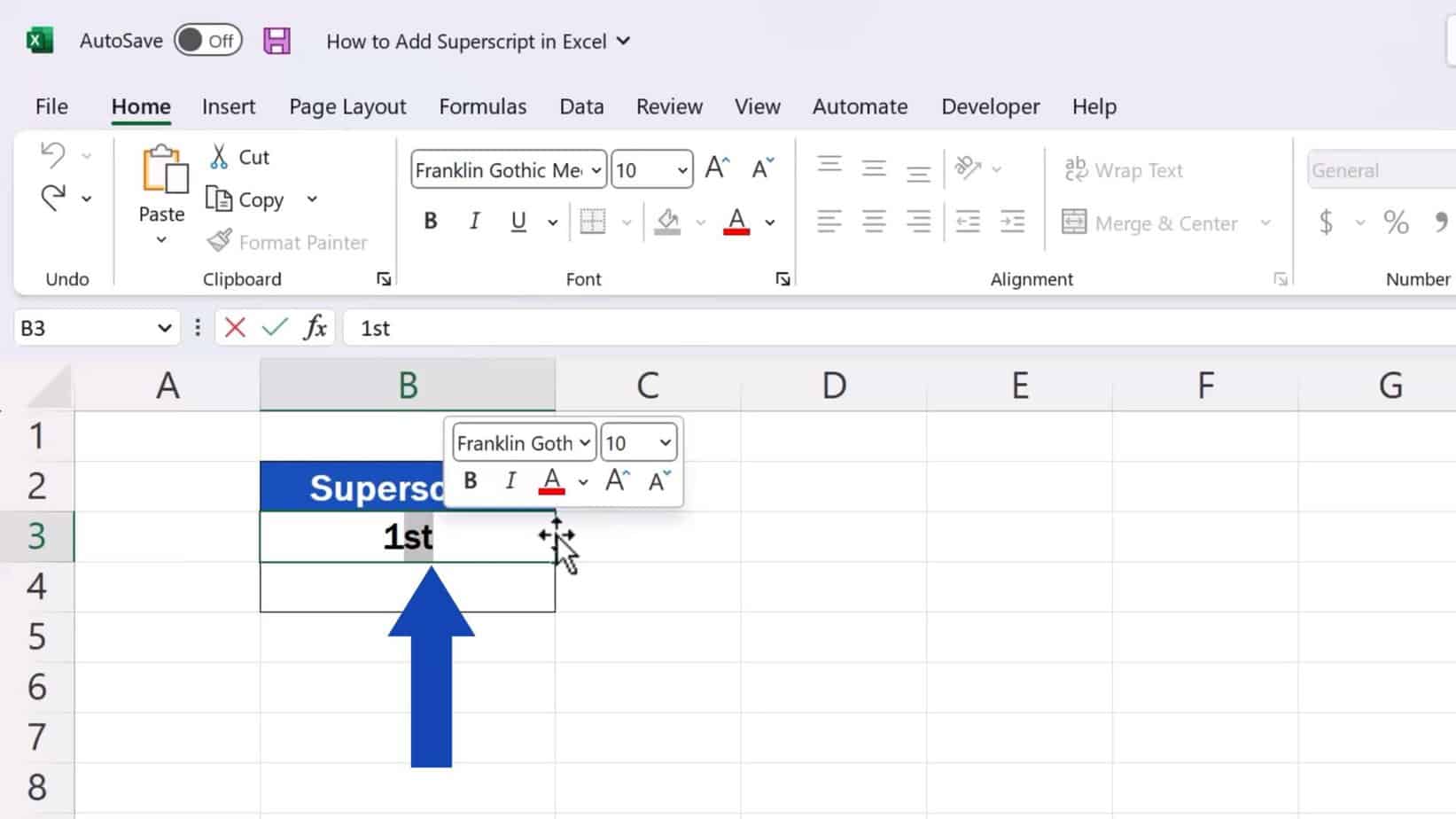 How to add superscript in excel