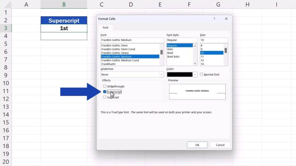 How to Add Superscript in Excel - select the option ‘Superscript’