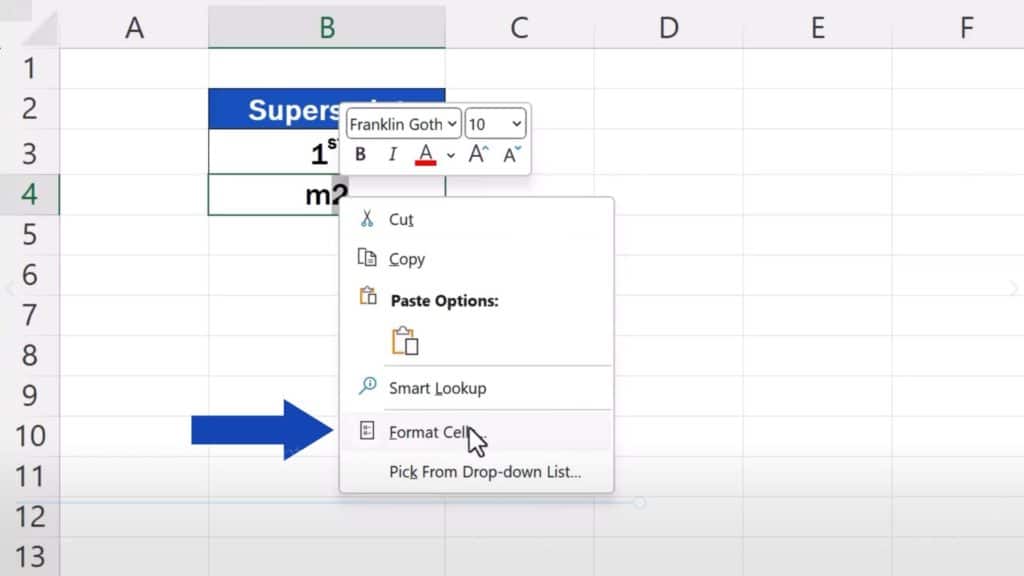 How to Add Superscript in Excel - select the option Format Cells