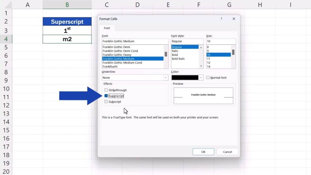 How to Add Superscript in Excel -  tick the option ‘Superscript’