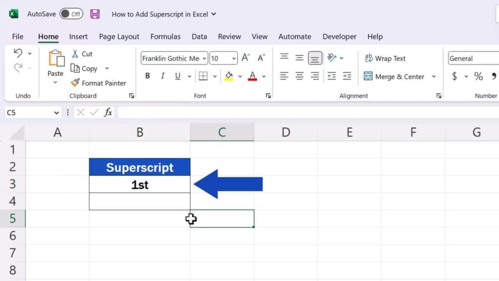 How to Add Superscript in Excel - type the whole thing out into a target cell