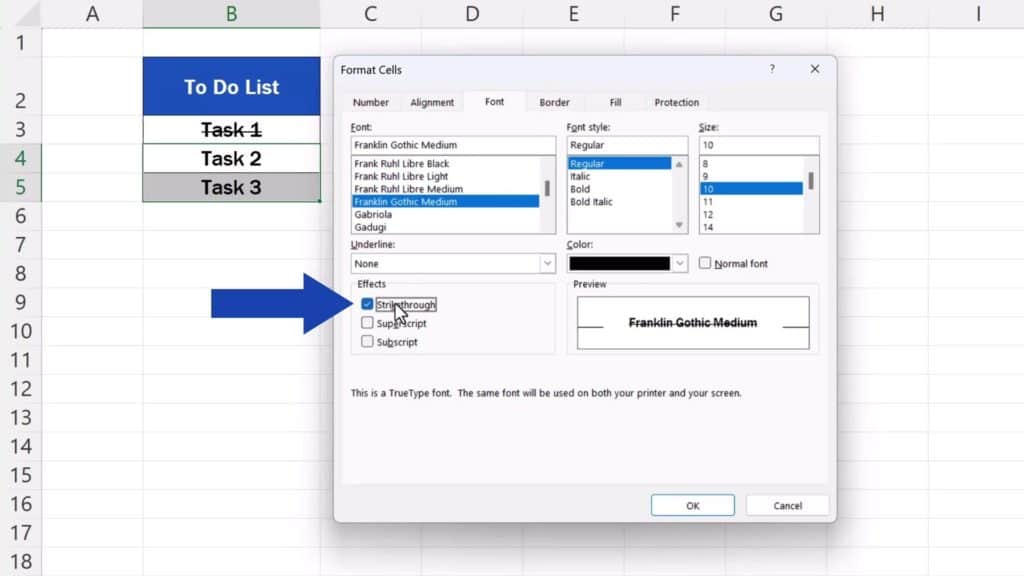 How to Strikethrough in Excel - Select ‘Strikethrough’