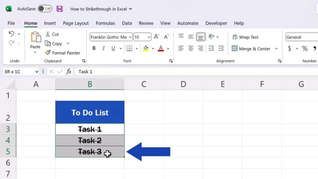 How to Strikethrough in Excel - Select the cells where the strike-through effect should be removed