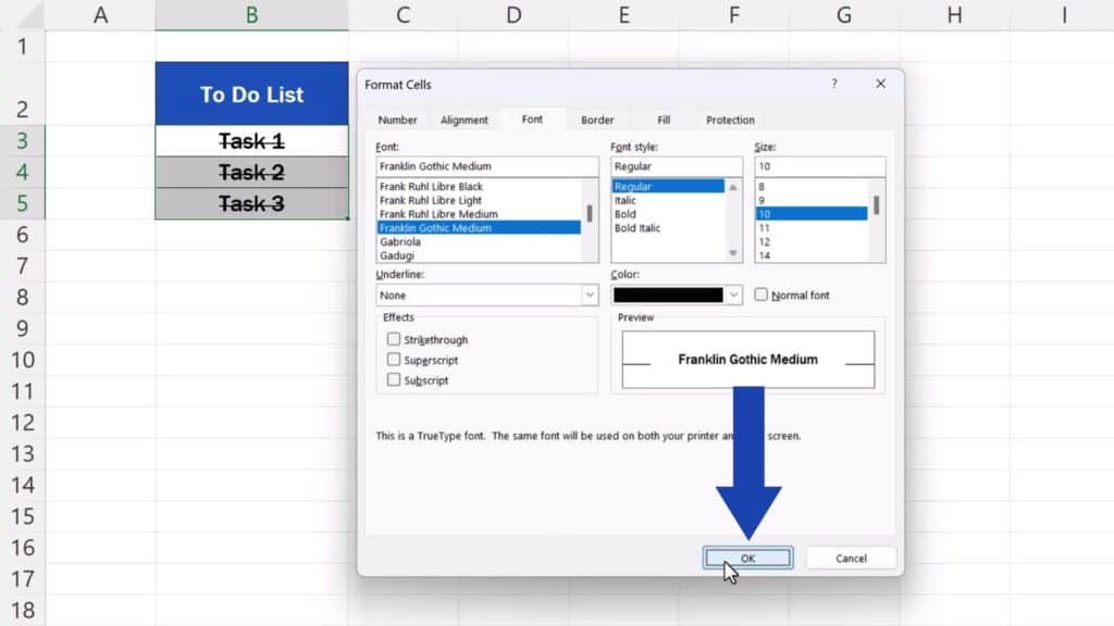 How to Strikethrough in Excel - click OK