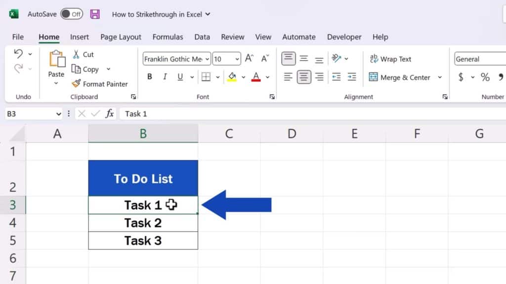 How to Strikethrough in Excel - click into the target cell