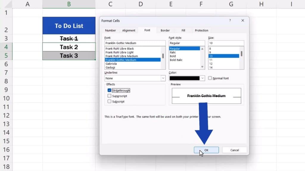 How to Strikethrough in Excel - click on OK