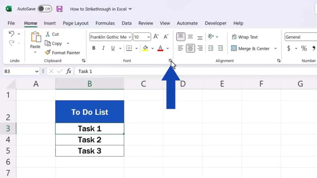 How to Strikethrough in Excel - click on the little arrow in the corner