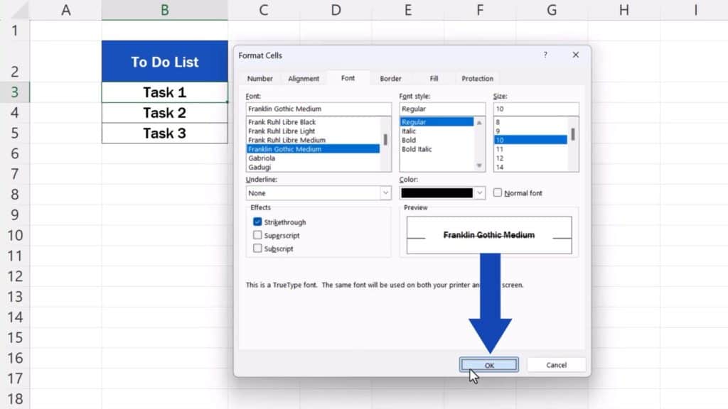 How to Strikethrough in Excel - press OK