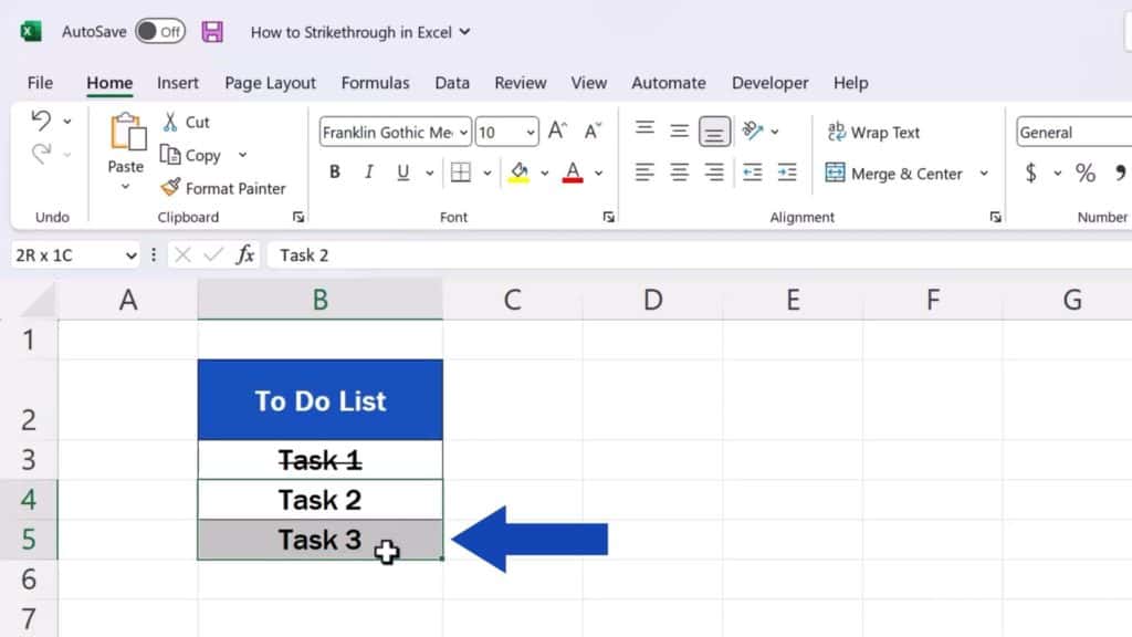 How to Strikethrough in Excel - select all the cells with the contents to be struck through