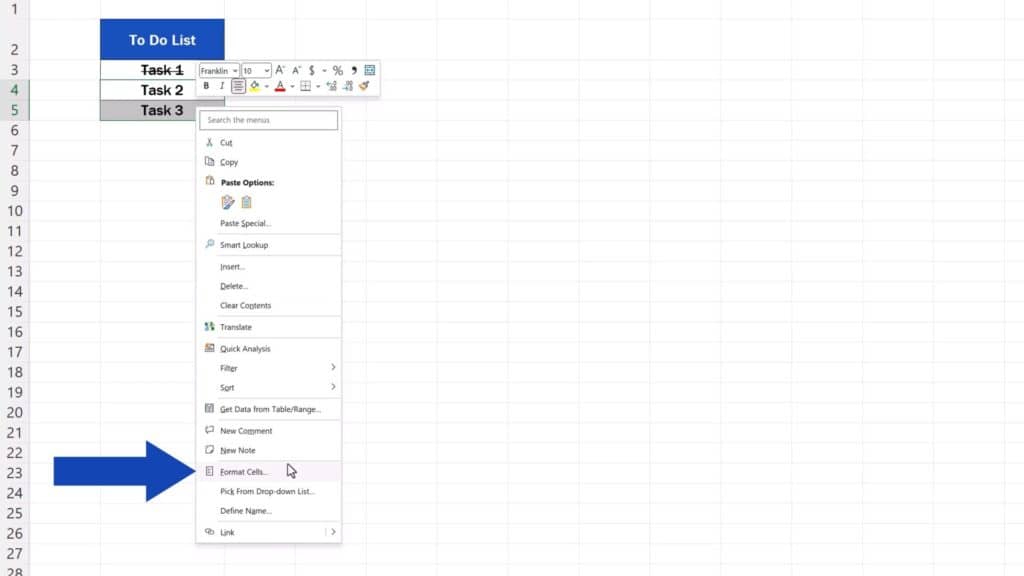 How to Strikethrough in Excel - select the option ‘Format Cells’