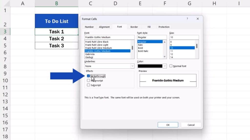 How to Strikethrough in Excel - select the option ‘Strikethrough’