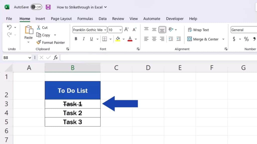 How to Strikethrough in Excel - the strike-through effect has been applied