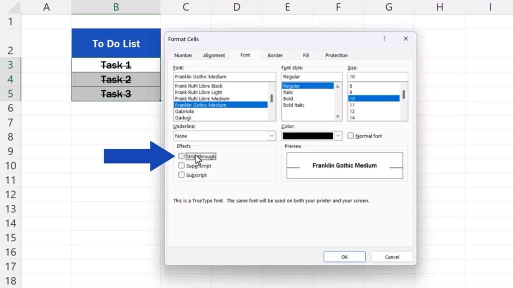 How to Strikethrough in Excel - untick the box ‘Strikethrough’