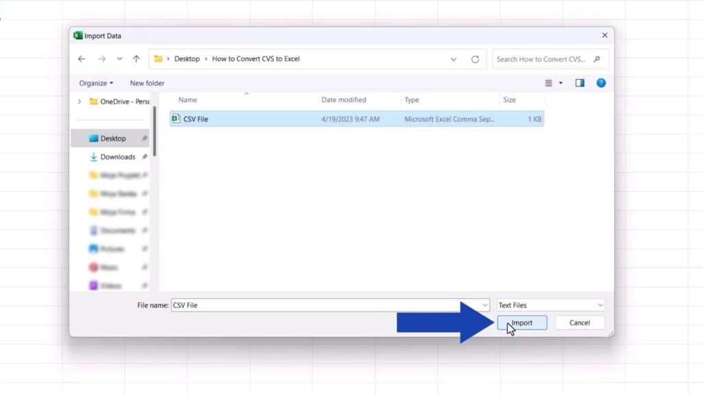 How to Convert CSV to Excel - click on Import