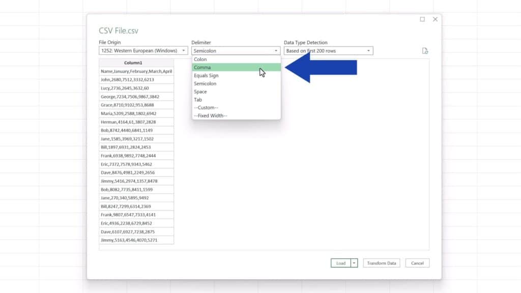 How to Convert CSV to Excel -  delimiter here in this Excel window is set to ‘Comma’