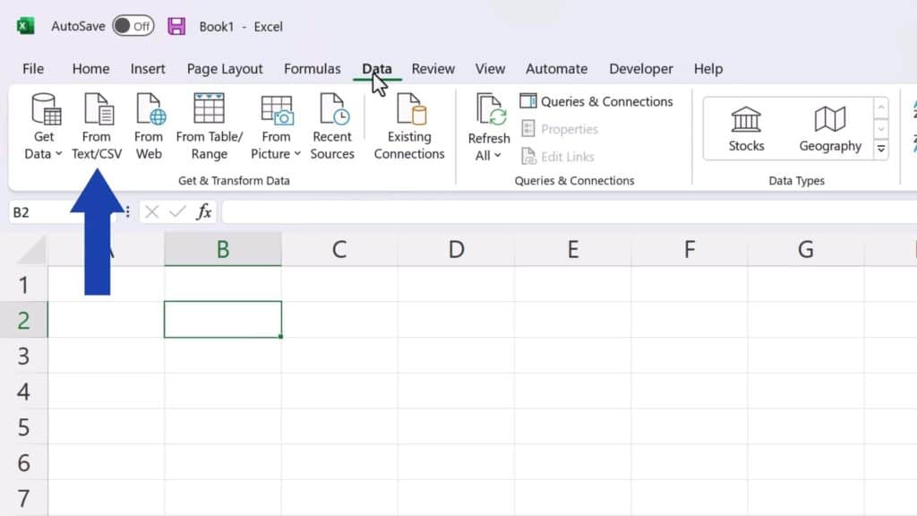 How to Convert CSV to Excel - go to the Data tab and click on From Text CSV