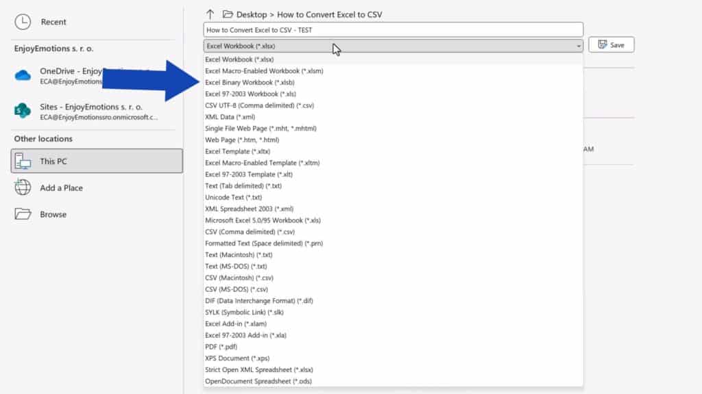 How to Convert Excel to CSV -  define the type of the file