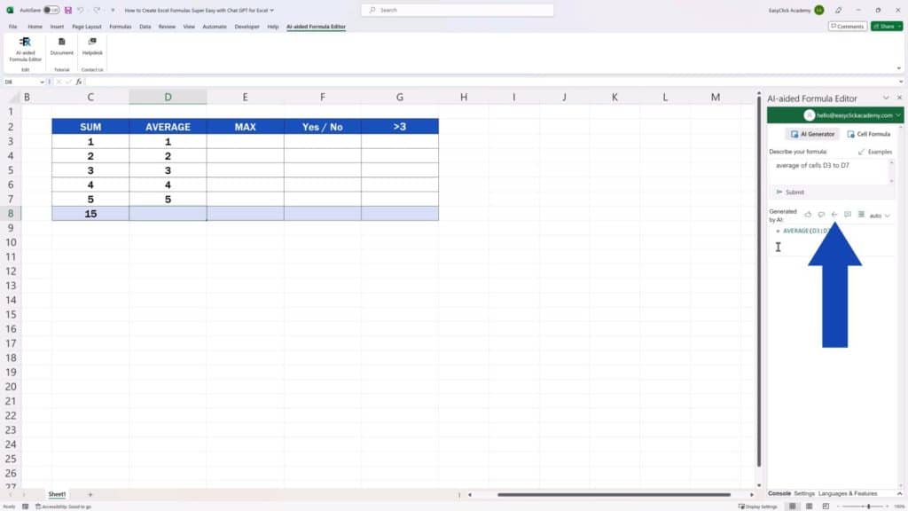 How to Create Excel Formulas with AI - click on the target cell and press the arrow